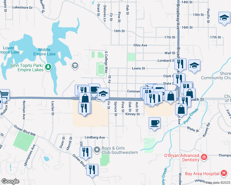 map of restaurants, bars, coffee shops, grocery stores, and more near 2627 Commercial Street in North Bend