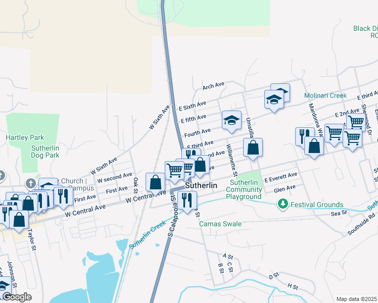 map of restaurants, bars, coffee shops, grocery stores, and more near 119 East 2nd Avenue in Sutherlin
