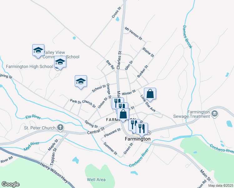map of restaurants, bars, coffee shops, grocery stores, and more near 44 Main Street in Farmington