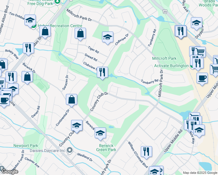 map of restaurants, bars, coffee shops, grocery stores, and more near 2145 Country Club Drive in Burlington