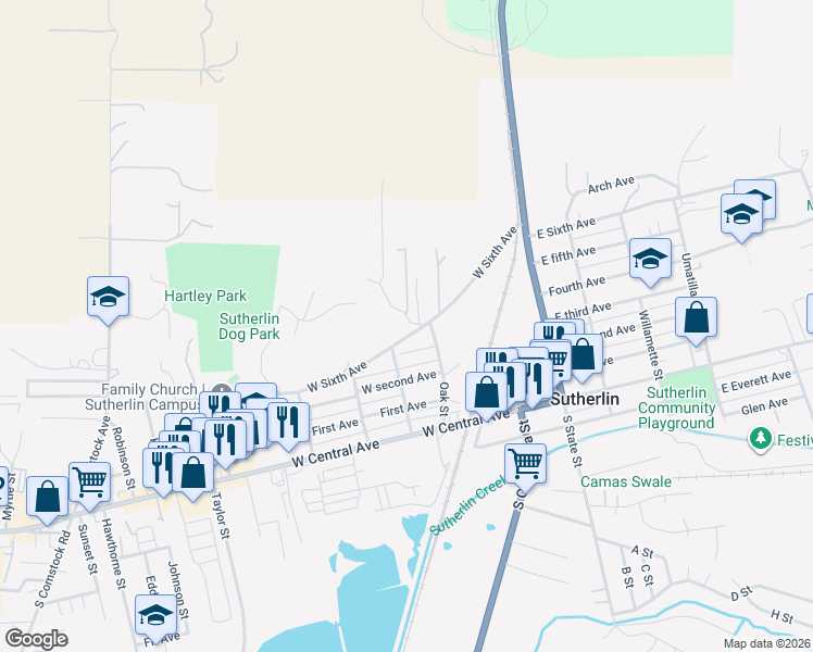 map of restaurants, bars, coffee shops, grocery stores, and more near 521 Tanglewood Street in Sutherlin