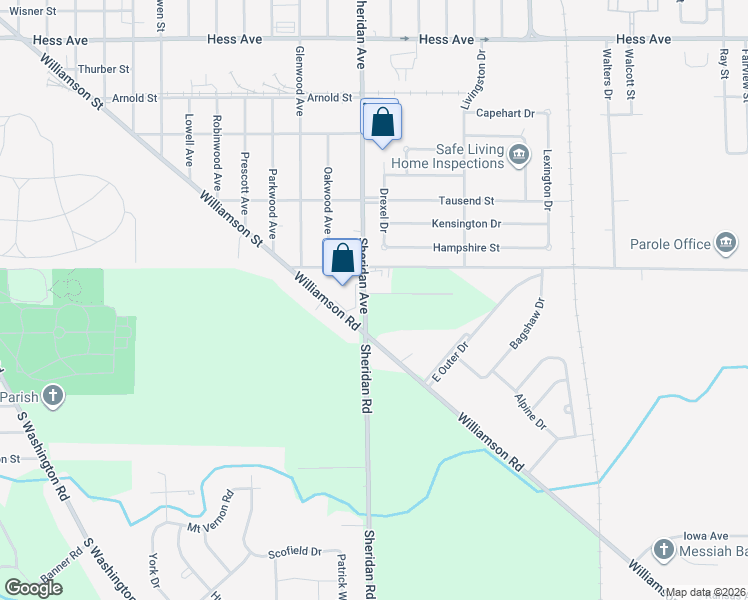 map of restaurants, bars, coffee shops, grocery stores, and more near 3440 Sheridan Avenue in Saginaw