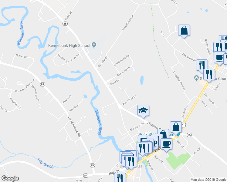 map of restaurants, bars, coffee shops, grocery stores, and more near 67 Fletcher Street in Kennebunk