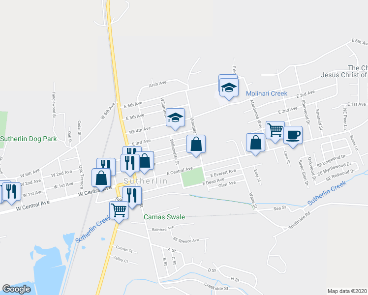 map of restaurants, bars, coffee shops, grocery stores, and more near 346 East 2nd Avenue in Sutherlin