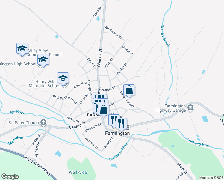 map of restaurants, bars, coffee shops, grocery stores, and more near 19 Winter Street in Farmington