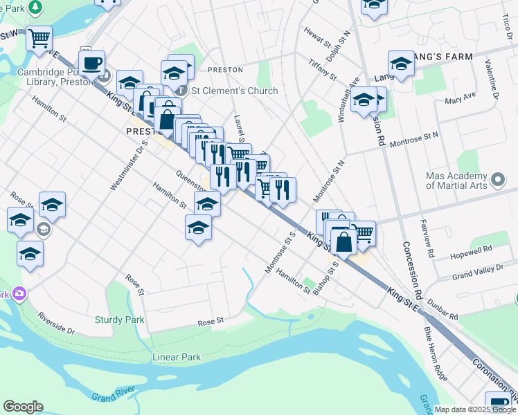 map of restaurants, bars, coffee shops, grocery stores, and more near 1174 Waterloo Regional Road 8 in Cambridge