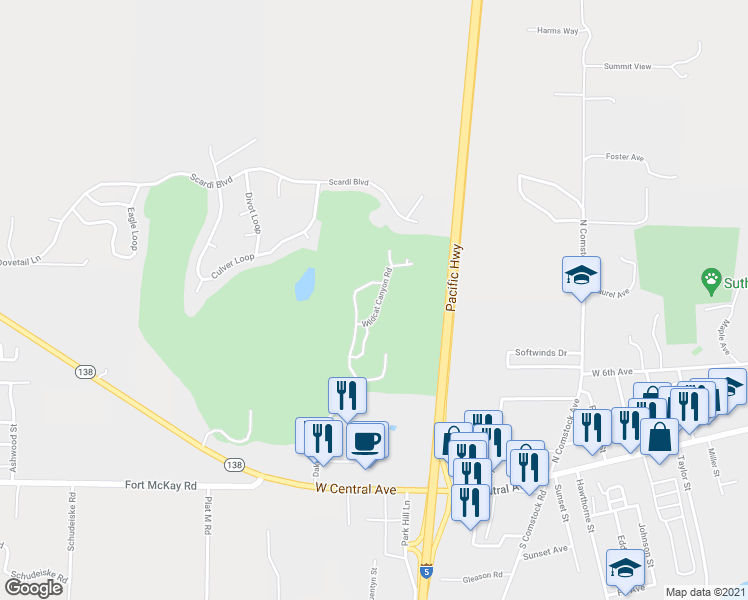 map of restaurants, bars, coffee shops, grocery stores, and more near 537 Wildcat Canyon Road in Sutherlin