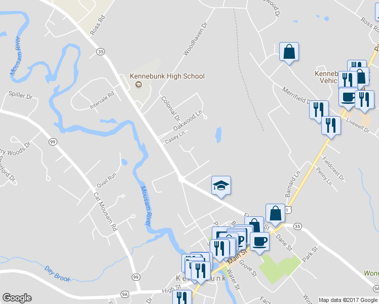 map of restaurants, bars, coffee shops, grocery stores, and more near 19 Wiggins Pond Lane in Kennebunk