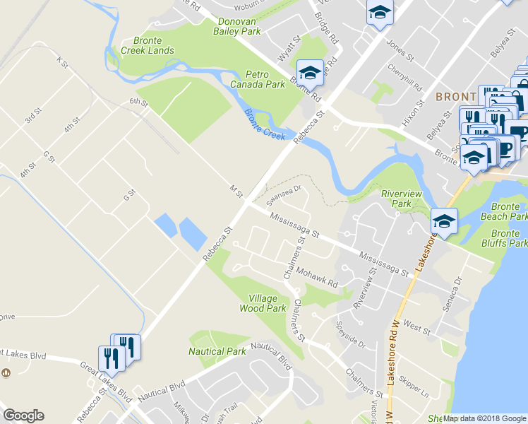 map of restaurants, bars, coffee shops, grocery stores, and more near 290 Mississaga Street in Oakville