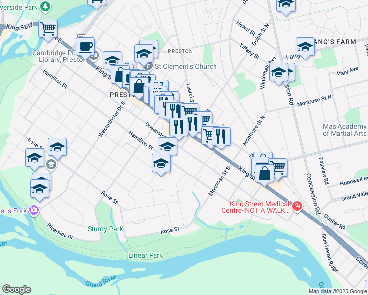 map of restaurants, bars, coffee shops, grocery stores, and more near 1031 Queenston Road in Cambridge