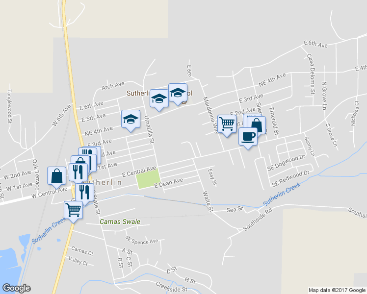 map of restaurants, bars, coffee shops, grocery stores, and more near 211 Eagle Court in Sutherlin