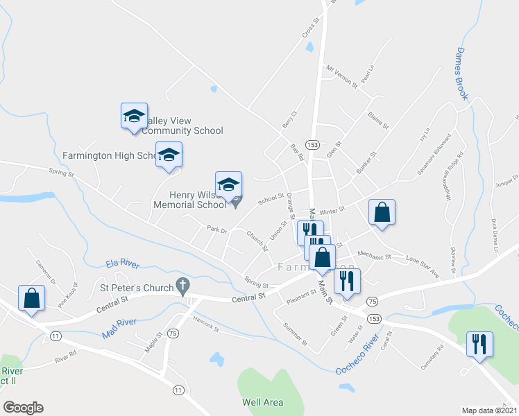 map of restaurants, bars, coffee shops, grocery stores, and more near 38 School Street in Farmington