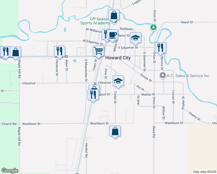 map of restaurants, bars, coffee shops, grocery stores, and more near 436 Cedar Street in Howard City