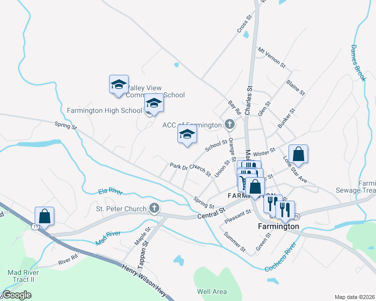 map of restaurants, bars, coffee shops, grocery stores, and more near 51 School Street in Farmington