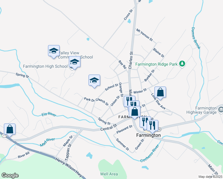 map of restaurants, bars, coffee shops, grocery stores, and more near 38 School Street in Farmington