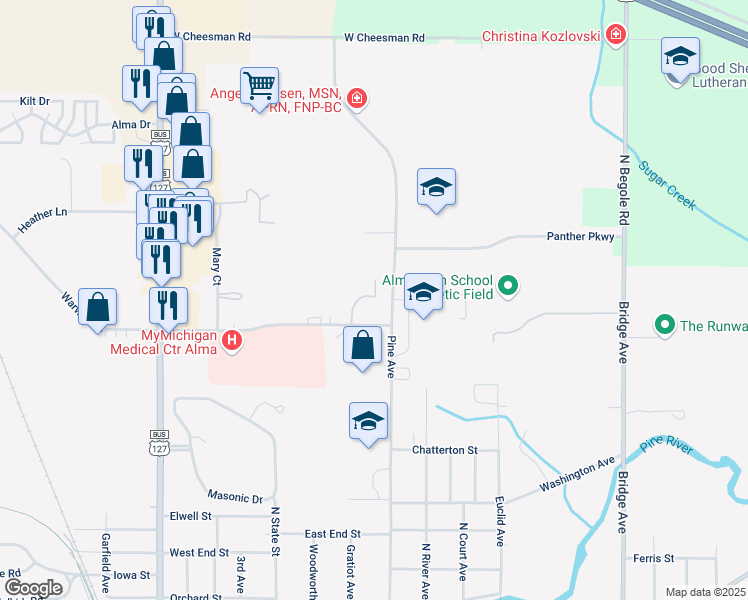 map of restaurants, bars, coffee shops, grocery stores, and more near 1575 Pine Avenue in Alma