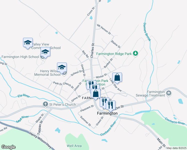 map of restaurants, bars, coffee shops, grocery stores, and more near 9 Worster Street in Farmington