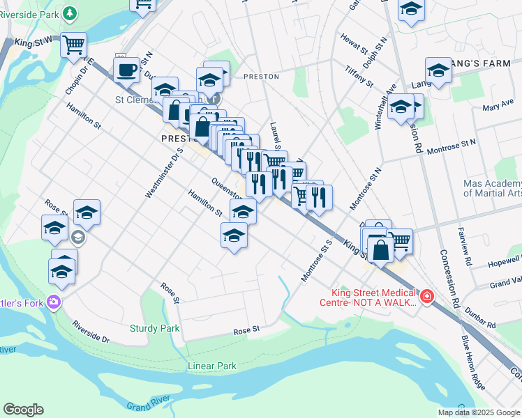 map of restaurants, bars, coffee shops, grocery stores, and more near 1031 Queenston Road in Cambridge