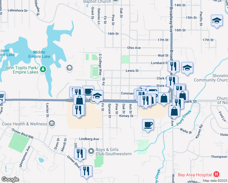map of restaurants, bars, coffee shops, grocery stores, and more near 2627 Commercial Street in North Bend