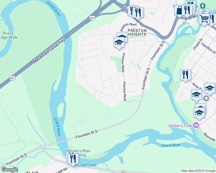 map of restaurants, bars, coffee shops, grocery stores, and more near Rosebrugh Avenue in Cambridge