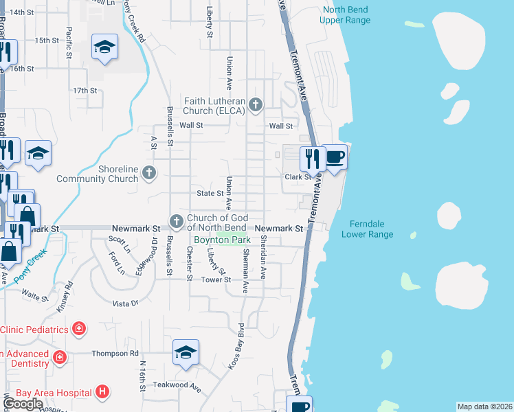 map of restaurants, bars, coffee shops, grocery stores, and more near 638 Commercial Street in North Bend