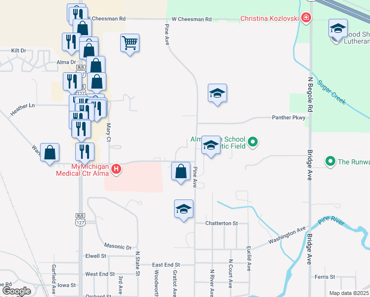 map of restaurants, bars, coffee shops, grocery stores, and more near 425 East Warwick Drive in Alma