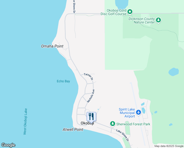 map of restaurants, bars, coffee shops, grocery stores, and more near 2201-2373 Nichols Avenue in Okoboji