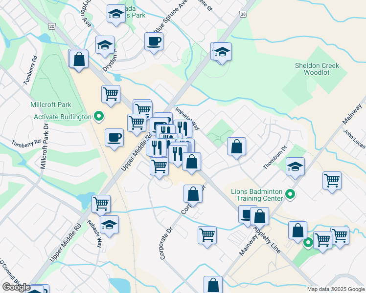 map of restaurants, bars, coffee shops, grocery stores, and more near 1860 Appleby Line in Burlington