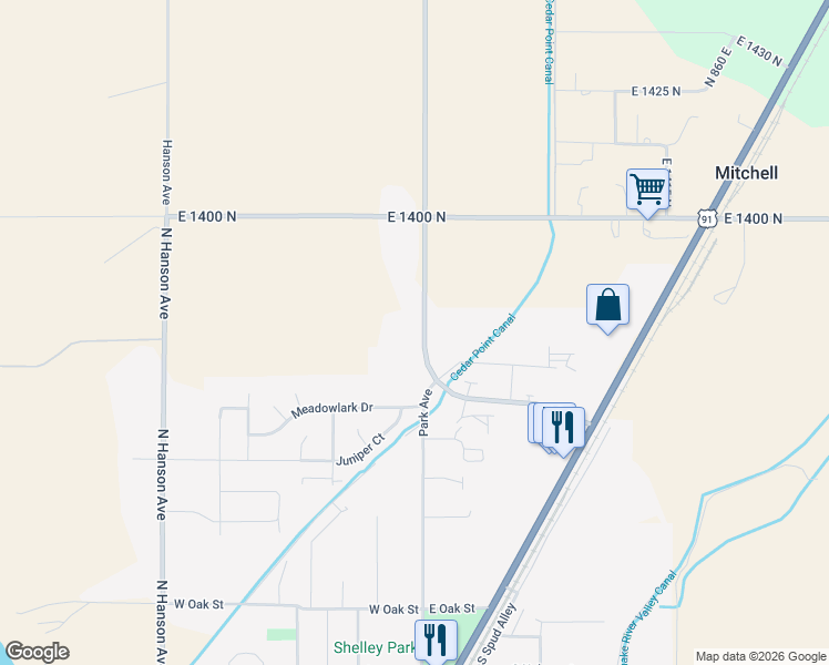 map of restaurants, bars, coffee shops, grocery stores, and more near 1364-1378 New Sweden Road in Shelley