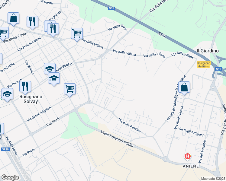map of restaurants, bars, coffee shops, grocery stores, and more near 11 Via Fiammetta in Rosignano Solvay-Castiglioncello