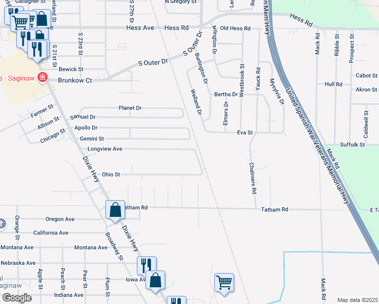 map of restaurants, bars, coffee shops, grocery stores, and more near 2921 Ohio Street in Saginaw