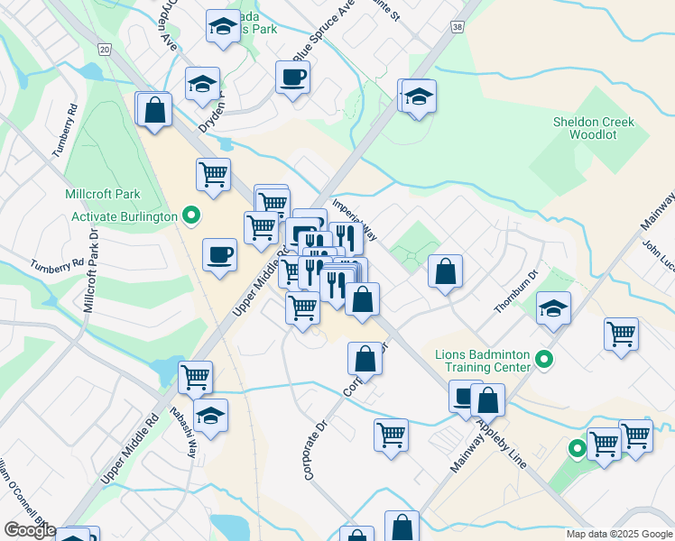 map of restaurants, bars, coffee shops, grocery stores, and more near 1944 Ironstone Drive in Burlington