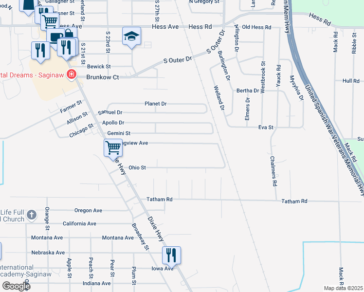 map of restaurants, bars, coffee shops, grocery stores, and more near 4413 Dixie Highway in Saginaw