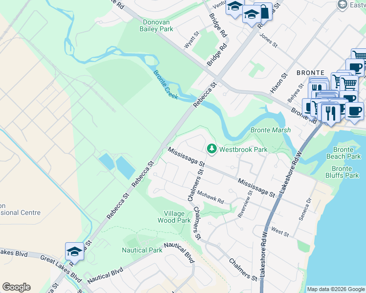 map of restaurants, bars, coffee shops, grocery stores, and more near 3086 Swansea Drive in Oakville