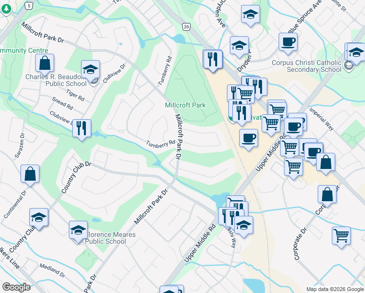 map of restaurants, bars, coffee shops, grocery stores, and more near 4220 Millcroft Park Drive in Burlington
