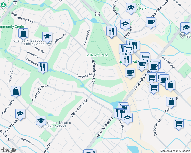 map of restaurants, bars, coffee shops, grocery stores, and more near 4220 Millcroft Park Drive in Burlington