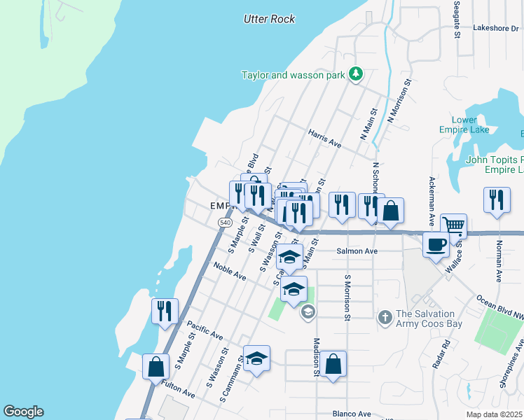 map of restaurants, bars, coffee shops, grocery stores, and more near 135 South Wall Street in Coos Bay