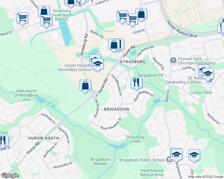 map of restaurants, bars, coffee shops, grocery stores, and more near 400 Old Huron Road in Kitchener