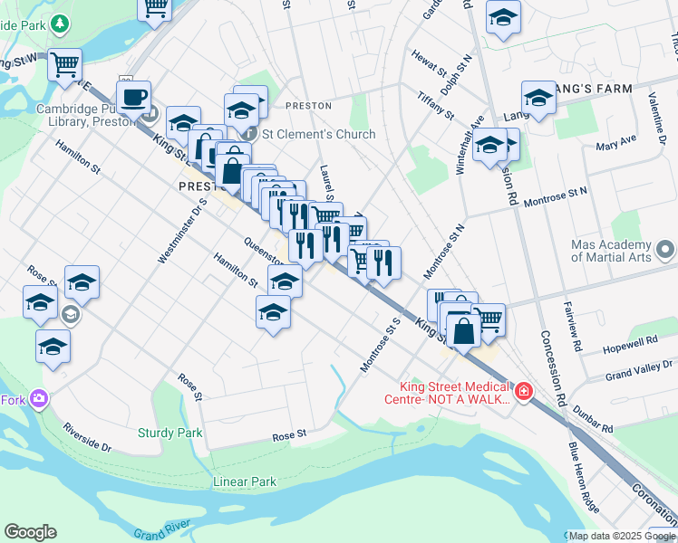 map of restaurants, bars, coffee shops, grocery stores, and more near 1130 King Street East in Cambridge