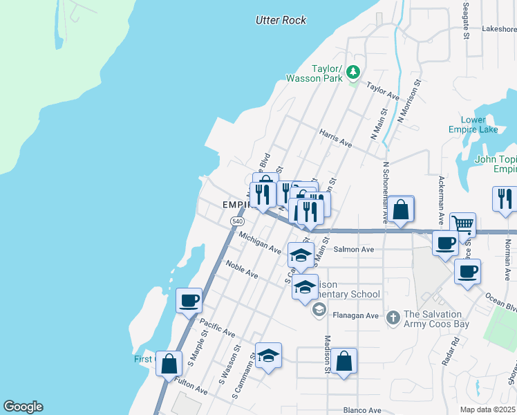 map of restaurants, bars, coffee shops, grocery stores, and more near 476 Newmark Avenue in Coos Bay