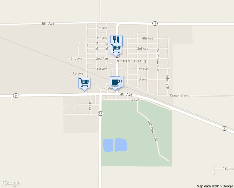 map of restaurants, bars, coffee shops, grocery stores, and more near Iowa 15 in Armstrong