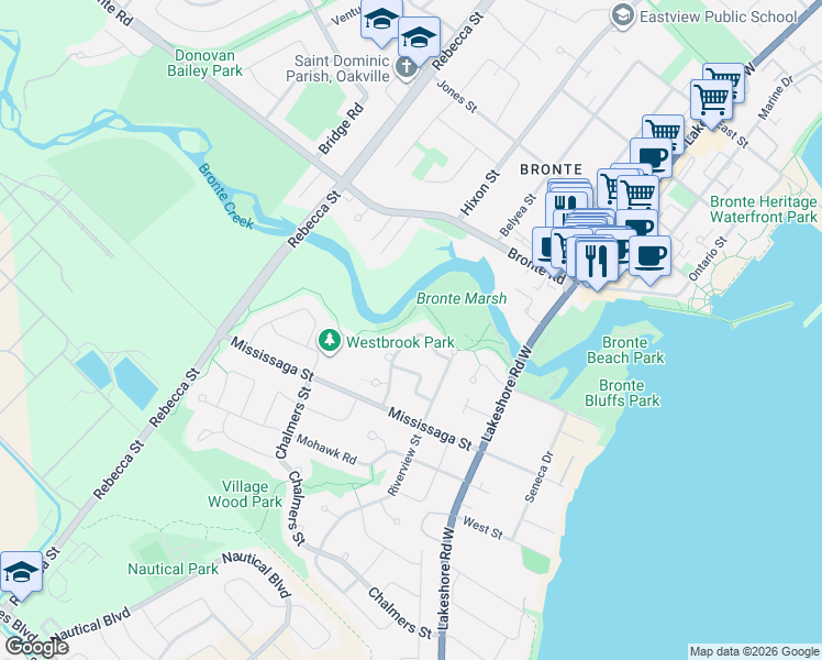 map of restaurants, bars, coffee shops, grocery stores, and more near 3017 Silverthorn Drive in Oakville