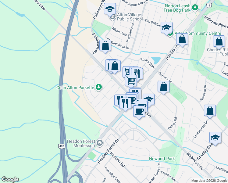 map of restaurants, bars, coffee shops, grocery stores, and more near 3953 Lodi Road in Burlington