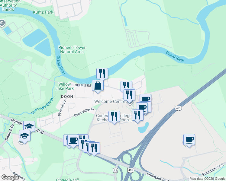 map of restaurants, bars, coffee shops, grocery stores, and more near 2067 Old Mill Road in Kitchener