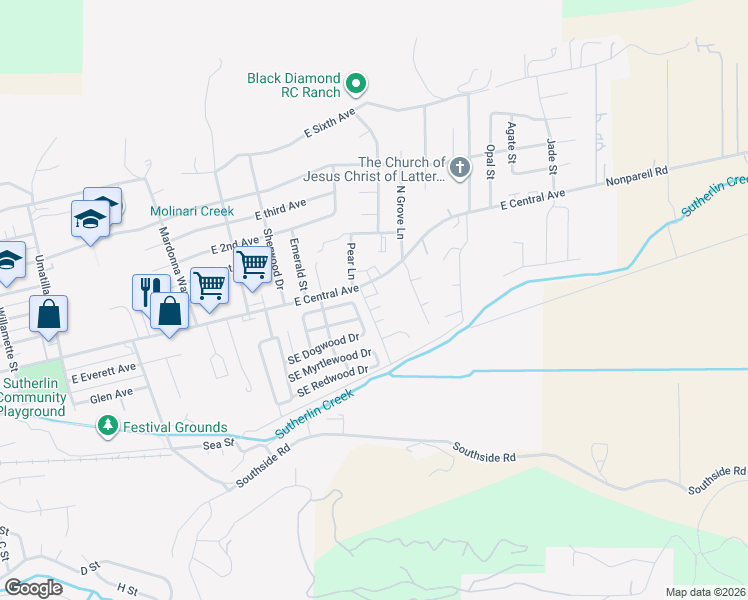 map of restaurants, bars, coffee shops, grocery stores, and more near 1351 East Central Avenue in Sutherlin