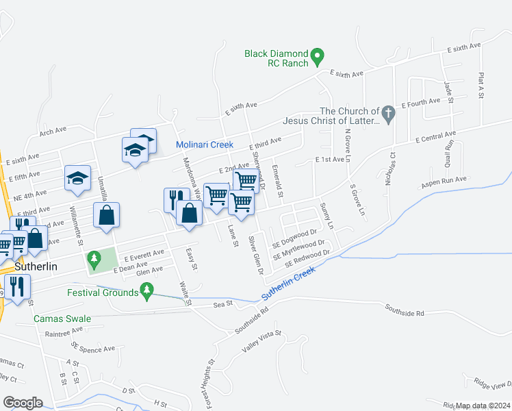 map of restaurants, bars, coffee shops, grocery stores, and more near 143 Sherwood Drive in Sutherlin