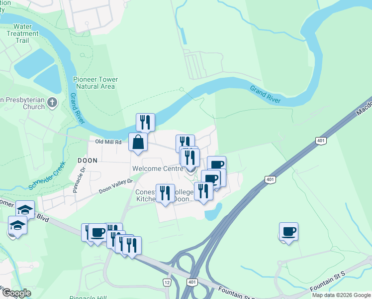 map of restaurants, bars, coffee shops, grocery stores, and more near 350 Doon Valley Drive in Kitchener
