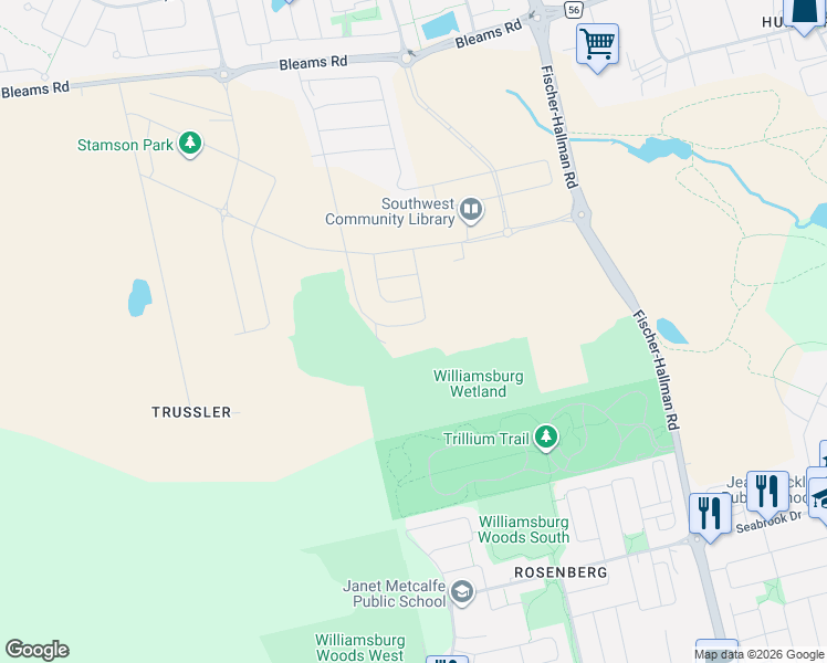 map of restaurants, bars, coffee shops, grocery stores, and more near 278 Forestwalk Street in Kitchener