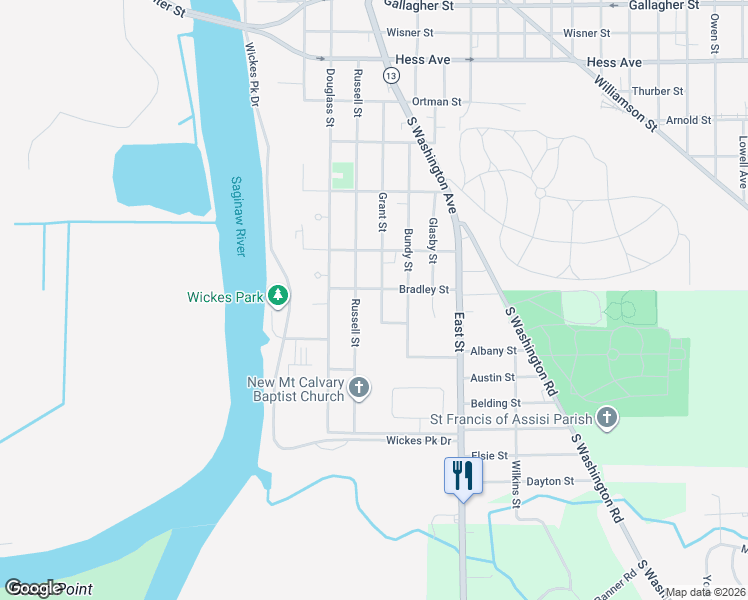 map of restaurants, bars, coffee shops, grocery stores, and more near 3326 Russell Street in Saginaw