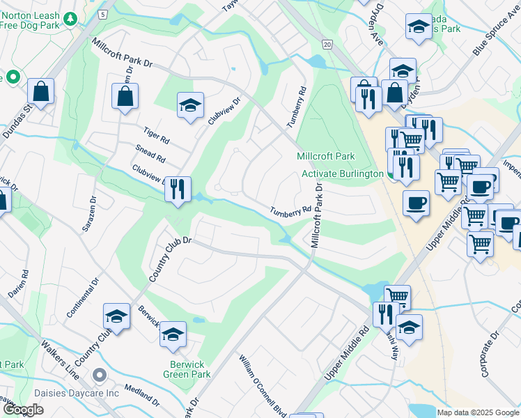 map of restaurants, bars, coffee shops, grocery stores, and more near 2106 Turnberry Road in Burlington